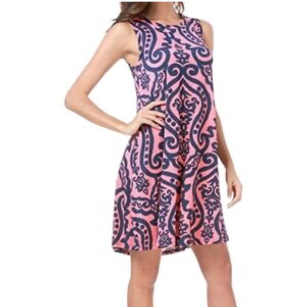 Women's Sleeveless Swing Shirt Dress Pink Navy Blue Damask Casual Sundress XL‎ - Picture 3 of 9
